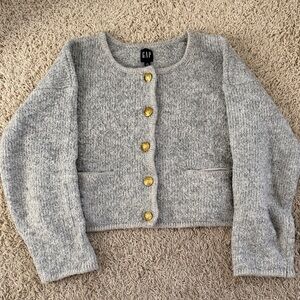 GAP Women's Heather Gray Wool Blend Cardigan with Gold Buttons